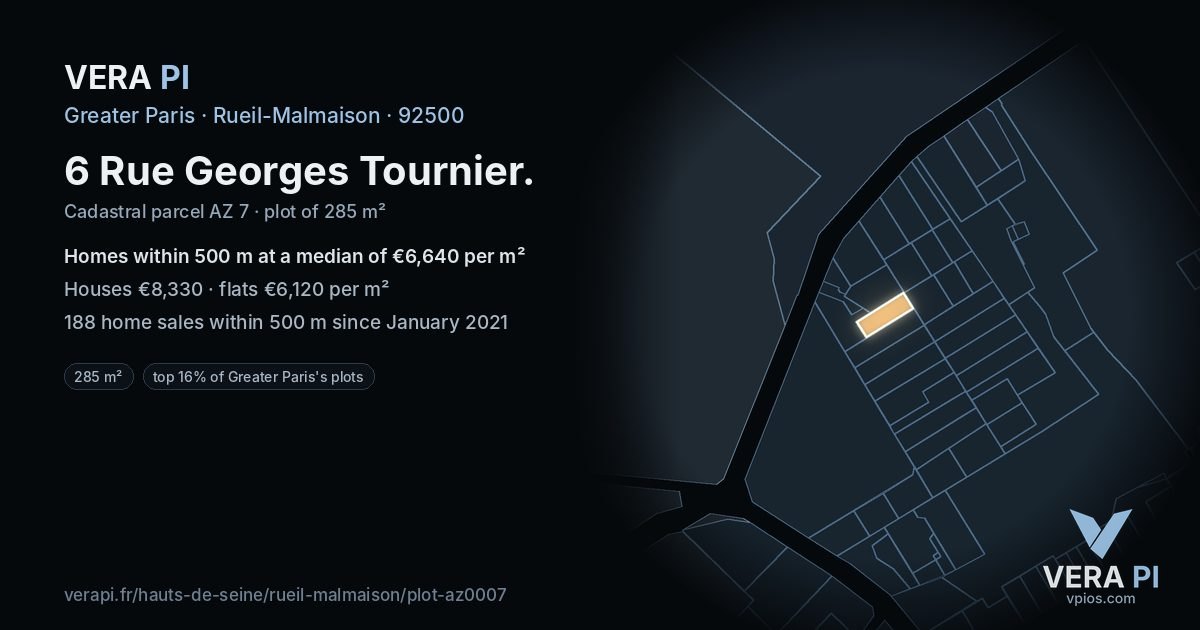 6 Rue Georges Tournier, Rueil-Malmaison at night – the plot lit, the parcels around coloured by the prices near them