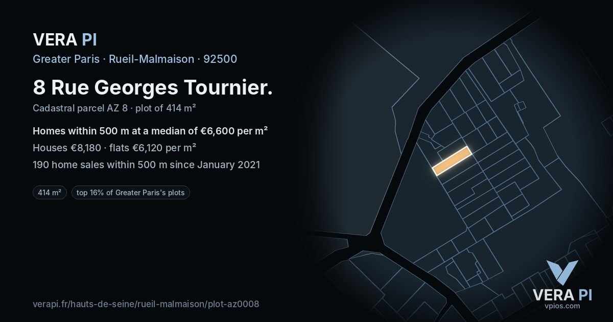8 Rue Georges Tournier, Rueil-Malmaison at night – the plot lit, the parcels around coloured by the prices near them