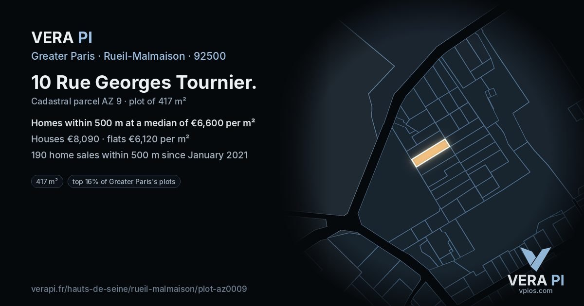 10 Rue Georges Tournier, Rueil-Malmaison at night – the plot lit, the parcels around coloured by the prices near them