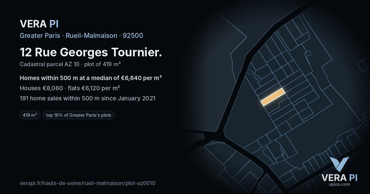 12 Rue Georges Tournier, Rueil-Malmaison at night – the plot lit, the parcels around coloured by the prices near them