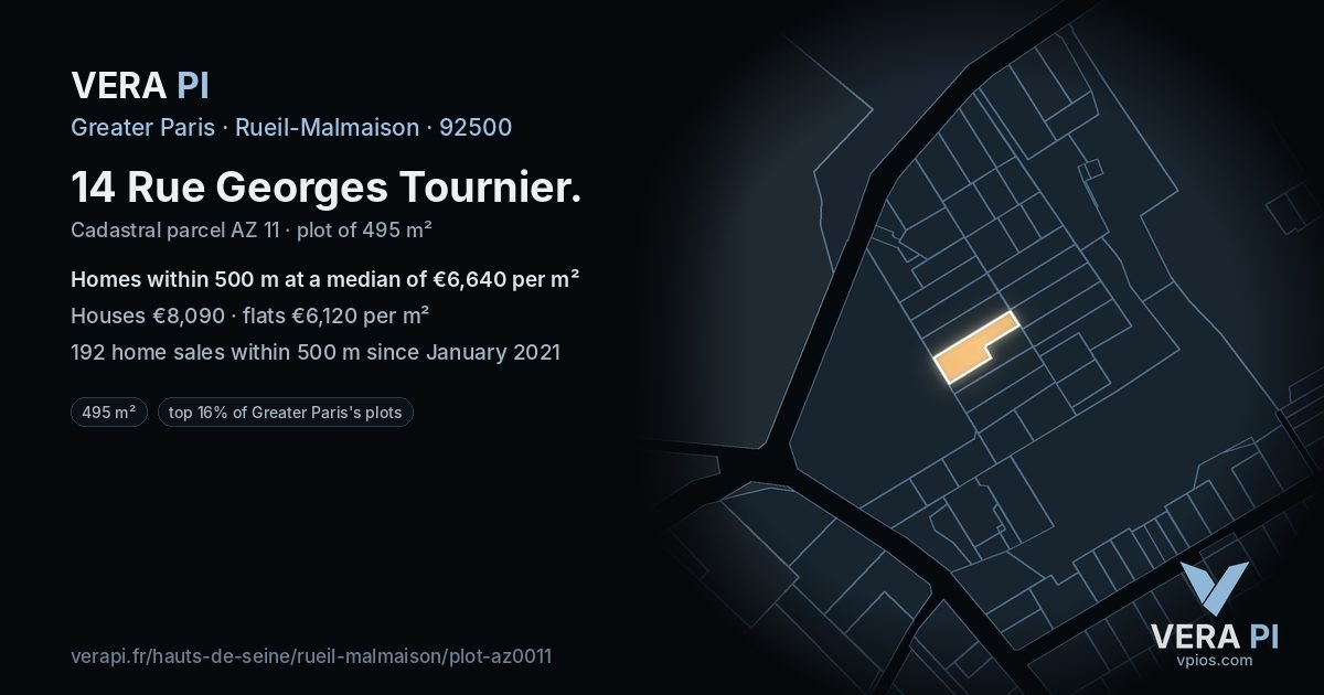 14 Rue Georges Tournier, Rueil-Malmaison at night – the plot lit, the parcels around coloured by the prices near them
