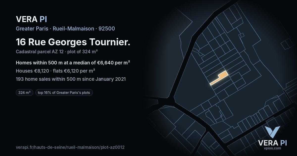 16 Rue Georges Tournier, Rueil-Malmaison at night – the plot lit, the parcels around coloured by the prices near them