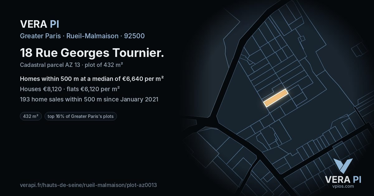 18 Rue Georges Tournier, Rueil-Malmaison at night – the plot lit, the parcels around coloured by the prices near them
