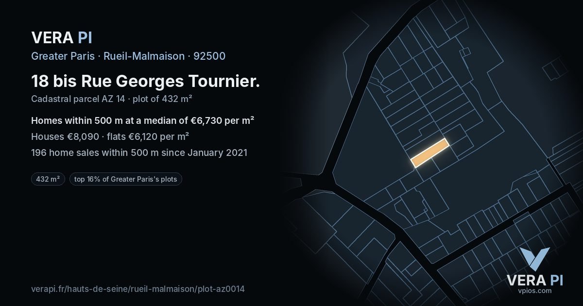 18 bis Rue Georges Tournier, Rueil-Malmaison at night – the plot lit, the parcels around coloured by the prices near them