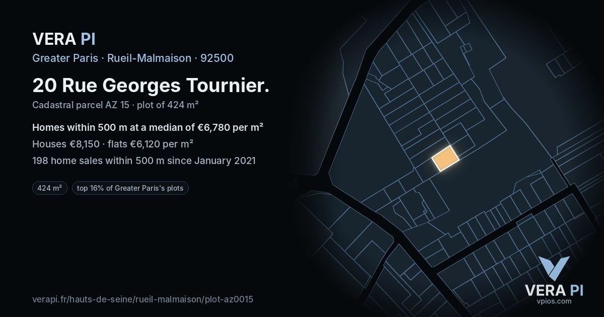 20 Rue Georges Tournier, Rueil-Malmaison at night – the plot lit, the parcels around coloured by the prices near them