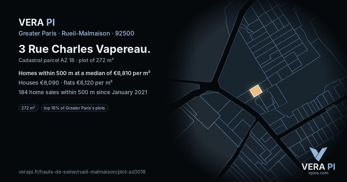 3 Rue Charles Vapereau, Rueil-Malmaison at night – the plot lit, the parcels around coloured by the prices near them