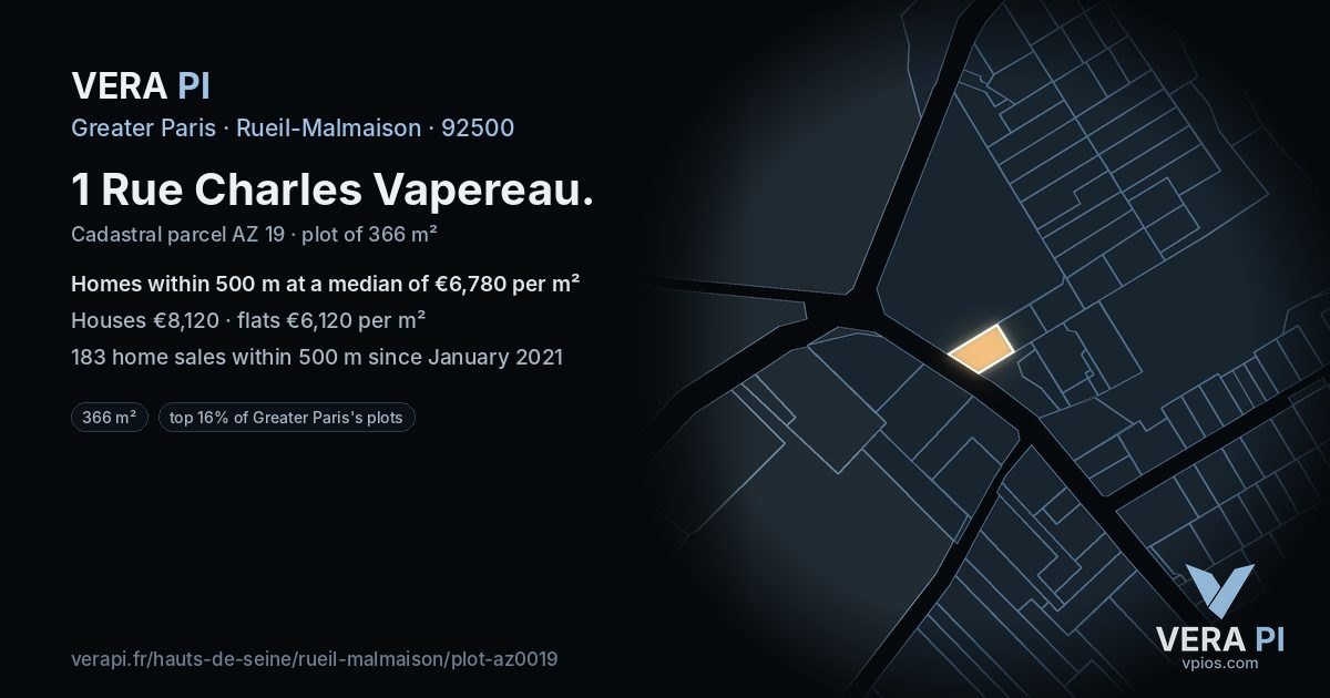 1 Rue Charles Vapereau, Rueil-Malmaison at night – the plot lit, the parcels around coloured by the prices near them