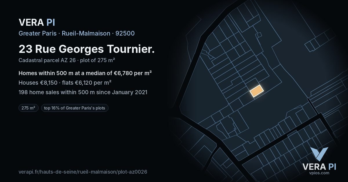 23 Rue Georges Tournier, Rueil-Malmaison at night – the plot lit, the parcels around coloured by the prices near them