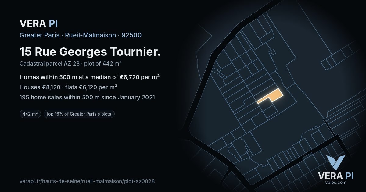 15 Rue Georges Tournier, Rueil-Malmaison at night – the plot lit, the parcels around coloured by the prices near them