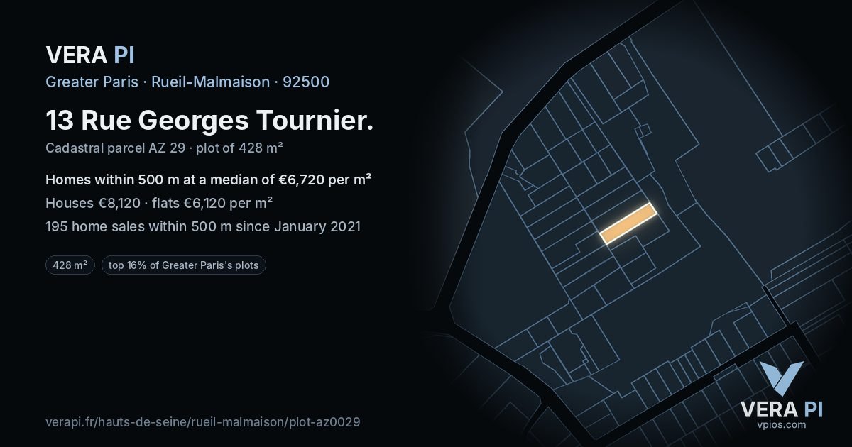13 Rue Georges Tournier, Rueil-Malmaison at night – the plot lit, the parcels around coloured by the prices near them