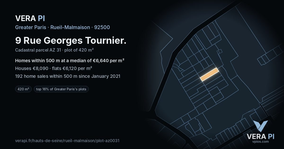 9 Rue Georges Tournier, Rueil-Malmaison at night – the plot lit, the parcels around coloured by the prices near them