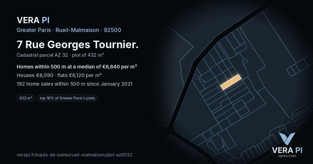7 Rue Georges Tournier, Rueil-Malmaison at night – the plot lit, the parcels around coloured by the prices near them