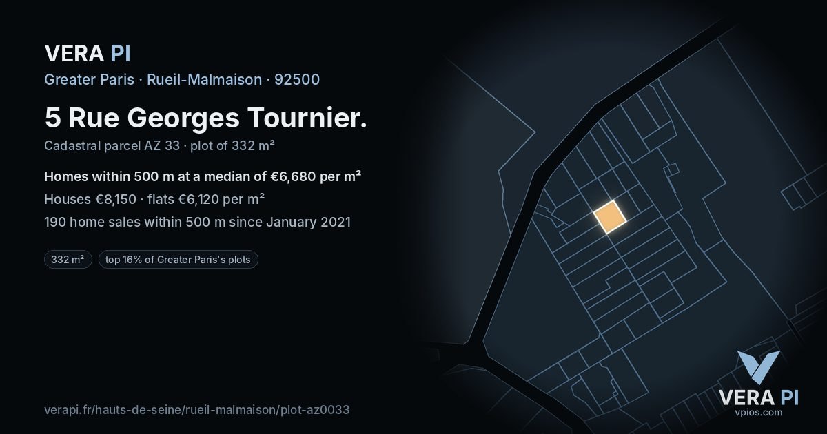5 Rue Georges Tournier, Rueil-Malmaison at night – the plot lit, the parcels around coloured by the prices near them