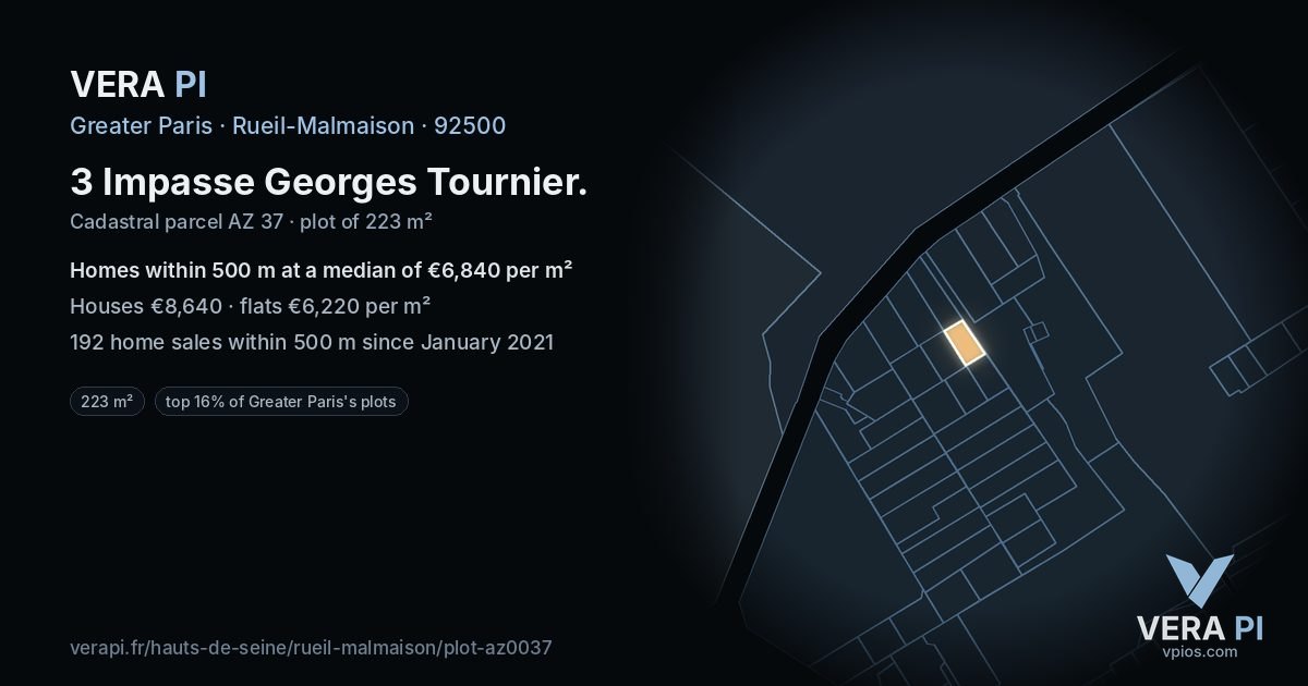 3 Impasse Georges Tournier, Rueil-Malmaison at night – the plot lit, the parcels around coloured by the prices near them