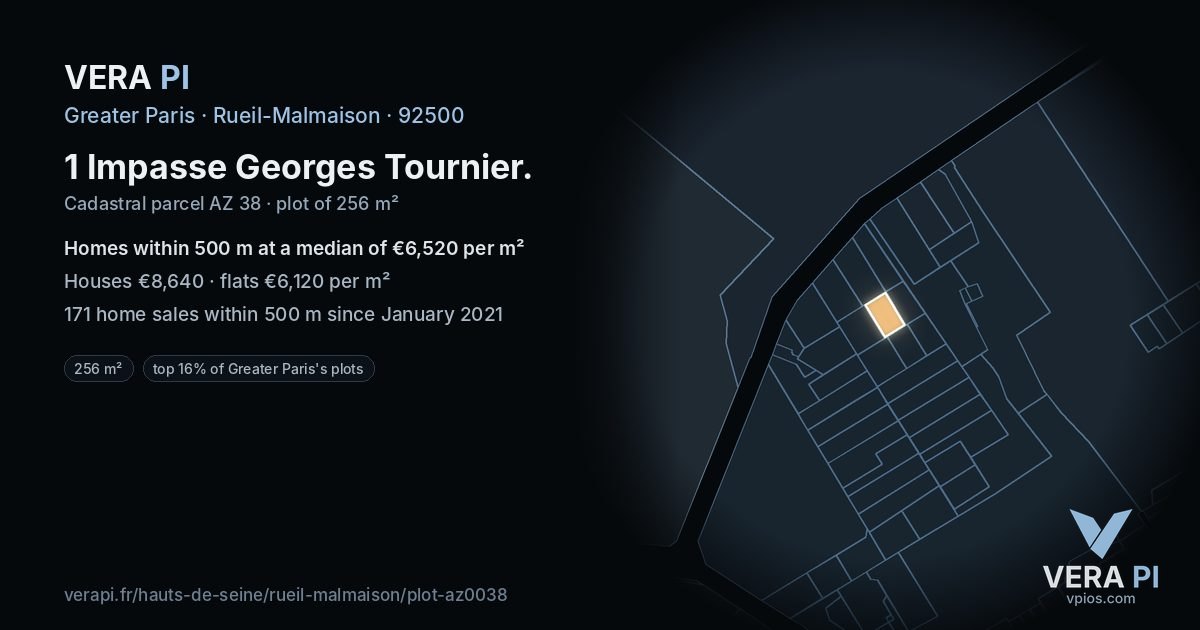 1 Impasse Georges Tournier, Rueil-Malmaison at night – the plot lit, the parcels around coloured by the prices near them