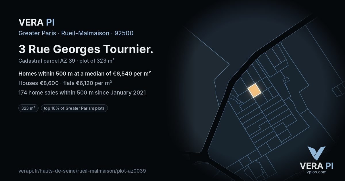 3 Rue Georges Tournier, Rueil-Malmaison at night – the plot lit, the parcels around coloured by the prices near them