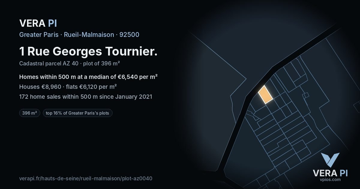 1 Rue Georges Tournier, Rueil-Malmaison at night – the plot lit, the parcels around coloured by the prices near them