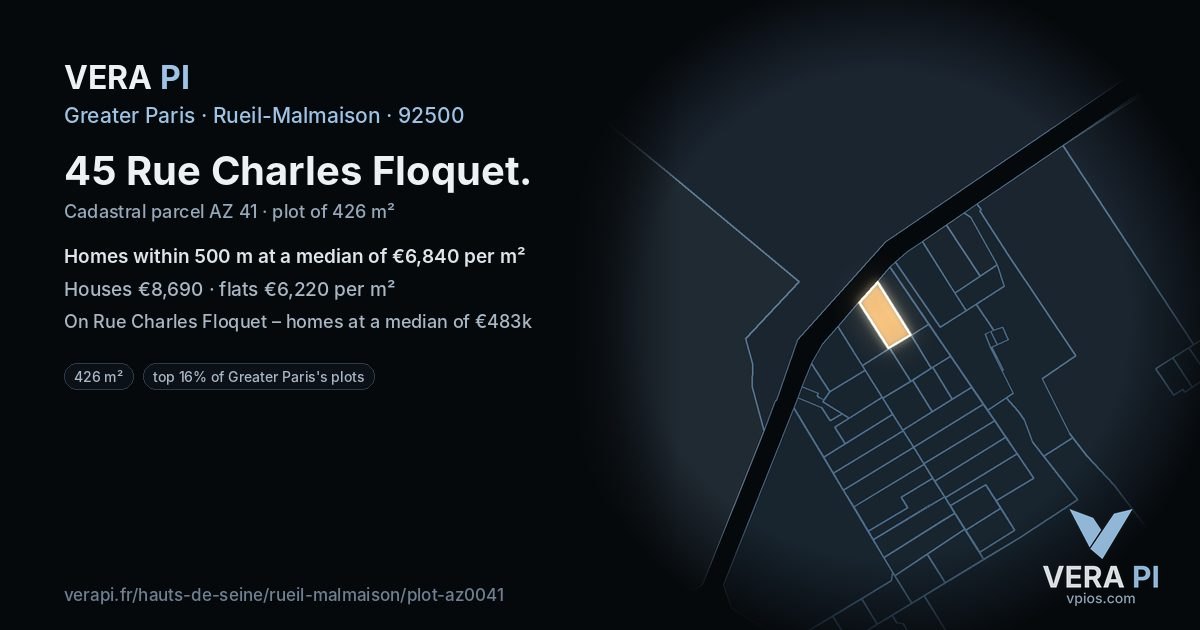 45 Rue Charles Floquet, Rueil-Malmaison at night – the plot lit, the parcels around coloured by the prices near them