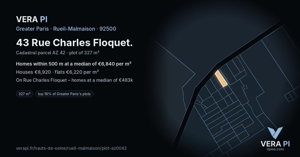 43 Rue Charles Floquet, Rueil-Malmaison at night – the plot lit, the parcels around coloured by the prices near them