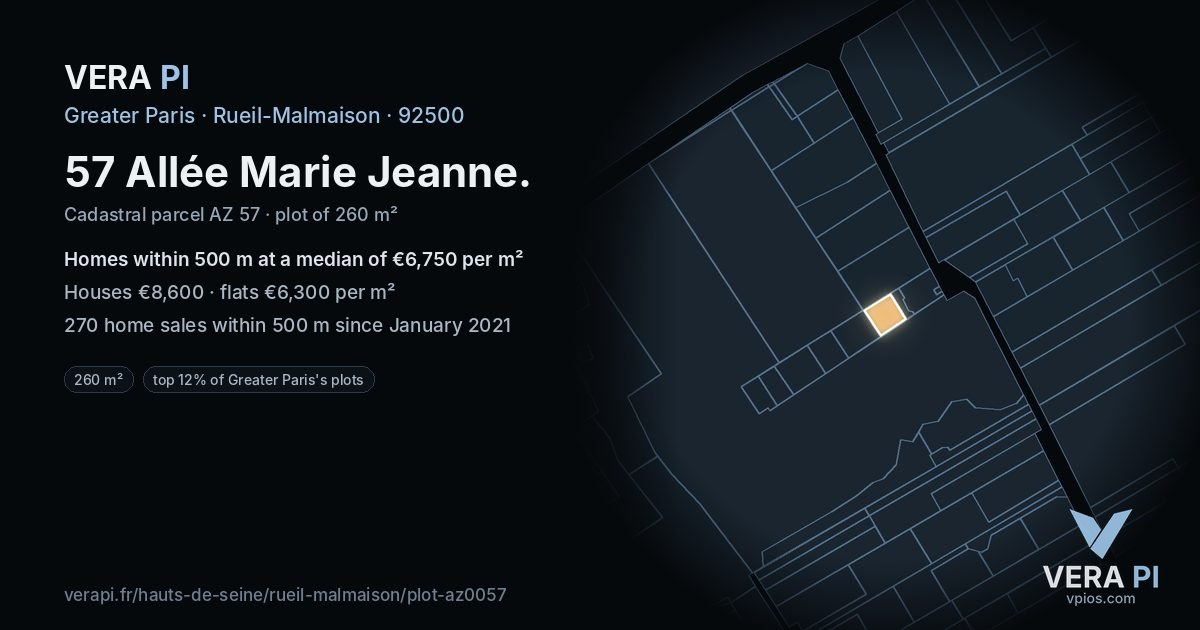 57 Allée Marie Jeanne, Rueil-Malmaison at night – the plot lit, the parcels around coloured by the prices near them