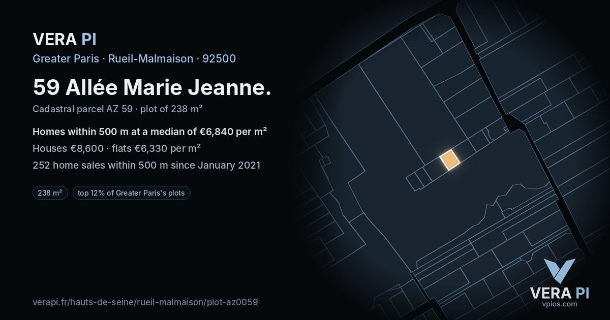 59 Allée Marie Jeanne, Rueil-Malmaison at night – the plot lit, the parcels around coloured by the prices near them