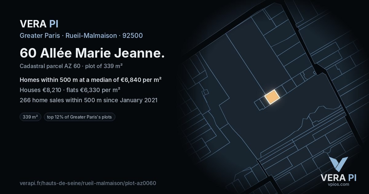 60 Allée Marie Jeanne, Rueil-Malmaison at night – the plot lit, the parcels around coloured by the prices near them