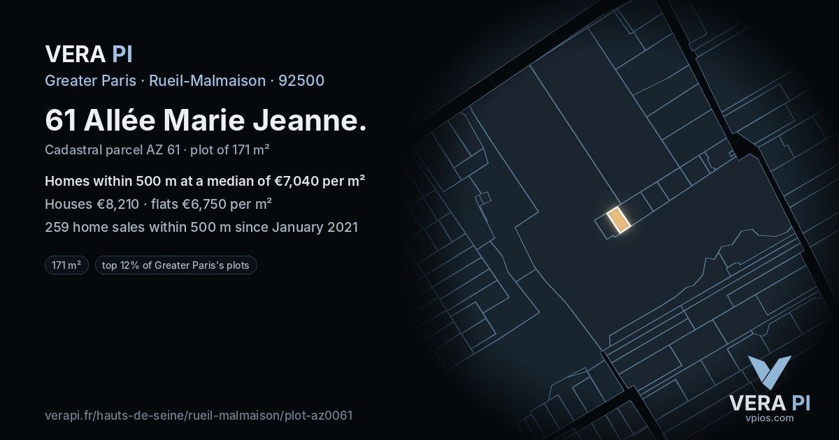 61 Allée Marie Jeanne, Rueil-Malmaison at night – the plot lit, the parcels around coloured by the prices near them