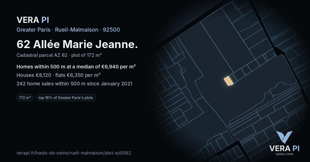 62 Allée Marie Jeanne, Rueil-Malmaison at night – the plot lit, the parcels around coloured by the prices near them