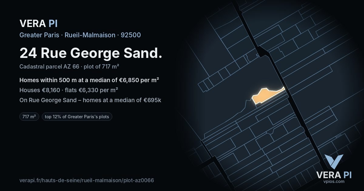 24 Rue George Sand, Rueil-Malmaison at night – the plot lit, the parcels around coloured by the prices near them