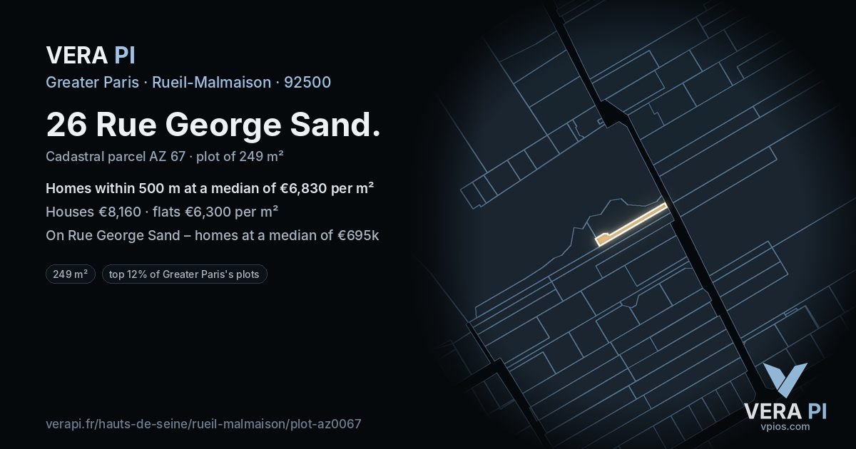 26 Rue George Sand, Rueil-Malmaison at night – the plot lit, the parcels around coloured by the prices near them