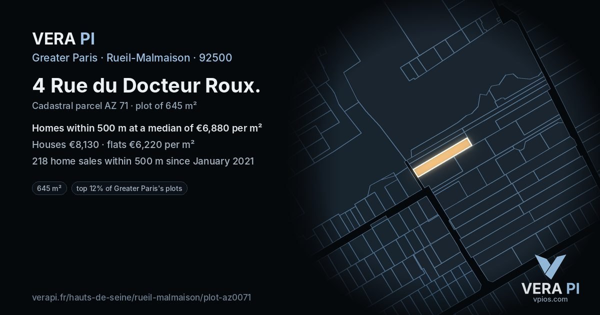 4 Rue du Docteur Roux, Rueil-Malmaison at night – the plot lit, the parcels around coloured by the prices near them