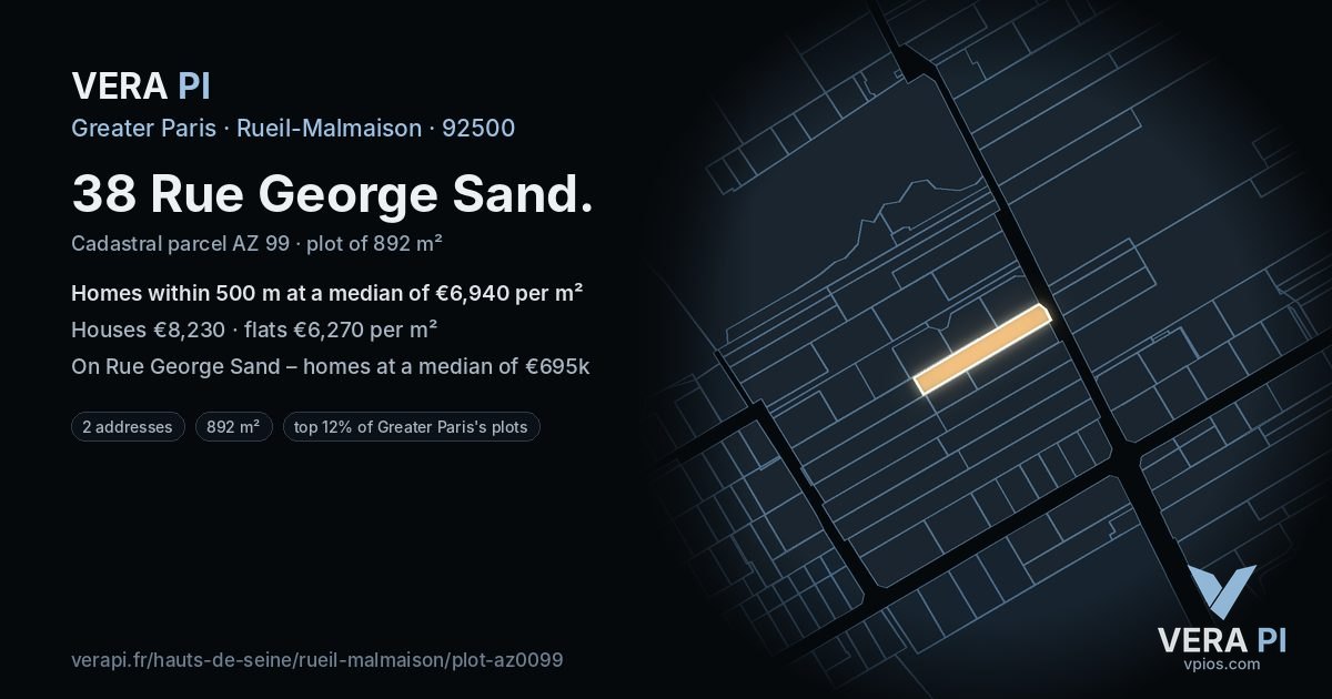 38 Rue George Sand, Rueil-Malmaison at night – the plot lit, the parcels around coloured by the prices near them