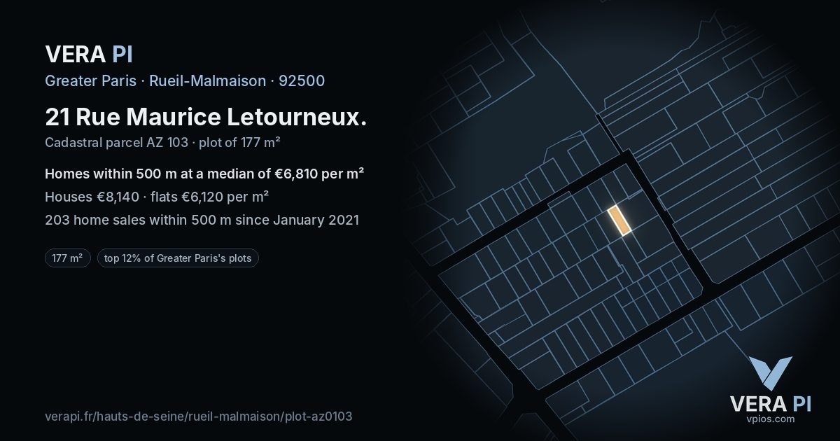 21 Rue Maurice Letourneux, Rueil-Malmaison at night – the plot lit, the parcels around coloured by the prices near them