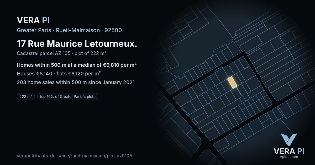 17 Rue Maurice Letourneux, Rueil-Malmaison at night – the plot lit, the parcels around coloured by the prices near them