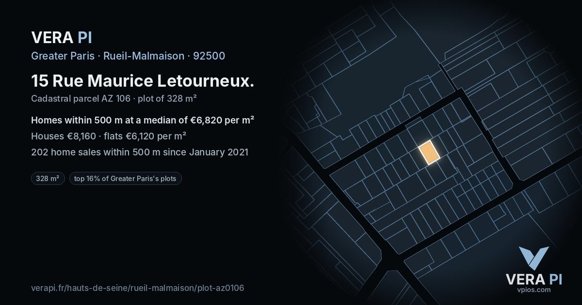 15 Rue Maurice Letourneux, Rueil-Malmaison at night – the plot lit, the parcels around coloured by the prices near them
