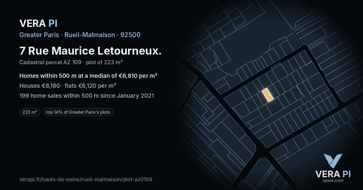 7 Rue Maurice Letourneux, Rueil-Malmaison at night – the plot lit, the parcels around coloured by the prices near them