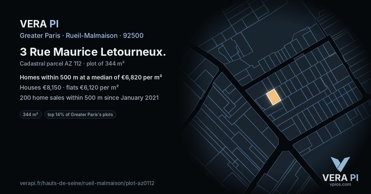 3 Rue Maurice Letourneux, Rueil-Malmaison at night – the plot lit, the parcels around coloured by the prices near them