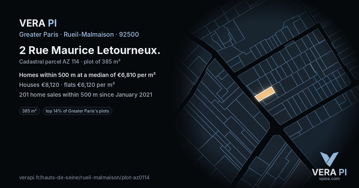 2 Rue Maurice Letourneux, Rueil-Malmaison at night – the plot lit, the parcels around coloured by the prices near them