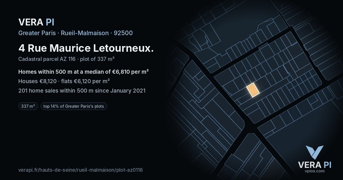 4 Rue Maurice Letourneux, Rueil-Malmaison at night – the plot lit, the parcels around coloured by the prices near them