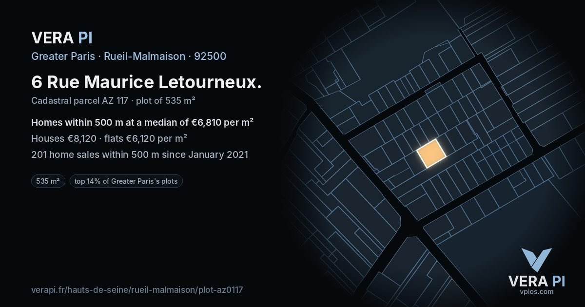 6 Rue Maurice Letourneux, Rueil-Malmaison at night – the plot lit, the parcels around coloured by the prices near them