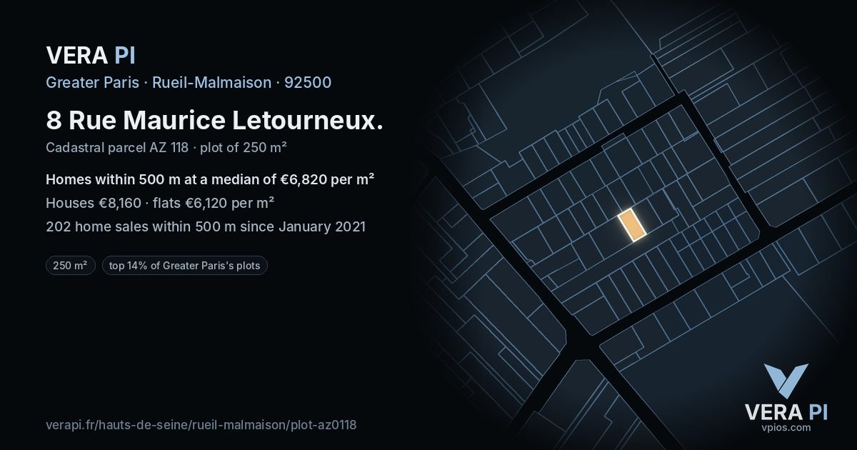 8 Rue Maurice Letourneux, Rueil-Malmaison at night – the plot lit, the parcels around coloured by the prices near them