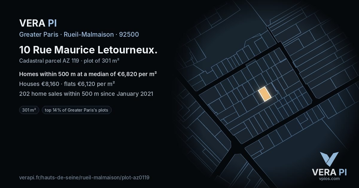 10 Rue Maurice Letourneux, Rueil-Malmaison at night – the plot lit, the parcels around coloured by the prices near them