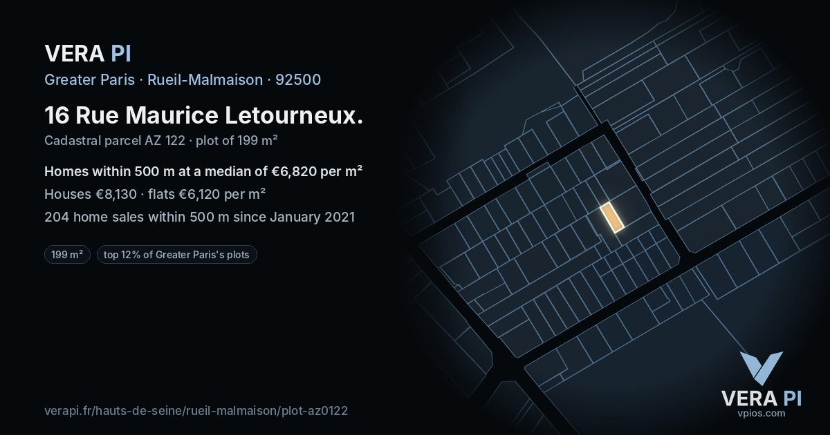 16 Rue Maurice Letourneux, Rueil-Malmaison at night – the plot lit, the parcels around coloured by the prices near them