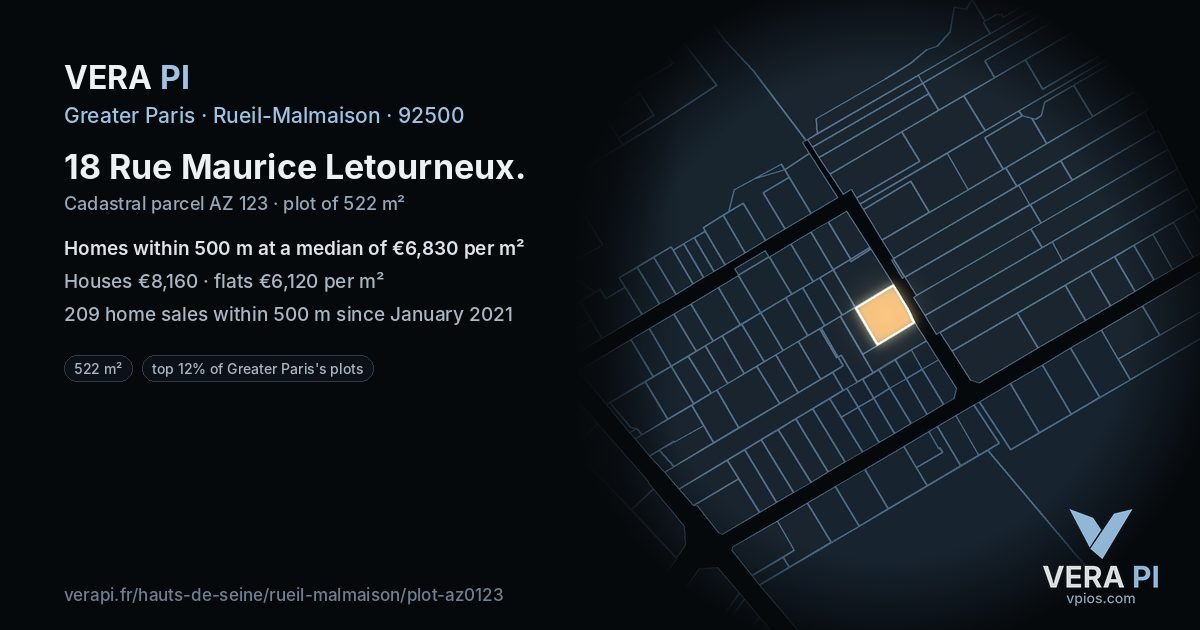 18 Rue Maurice Letourneux, Rueil-Malmaison at night – the plot lit, the parcels around coloured by the prices near them