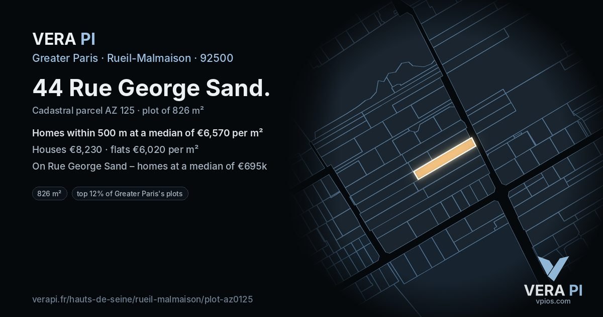 44 Rue George Sand, Rueil-Malmaison at night – the plot lit, the parcels around coloured by the prices near them