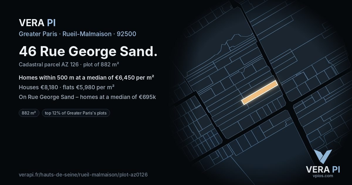 46 Rue George Sand, Rueil-Malmaison at night – the plot lit, the parcels around coloured by the prices near them