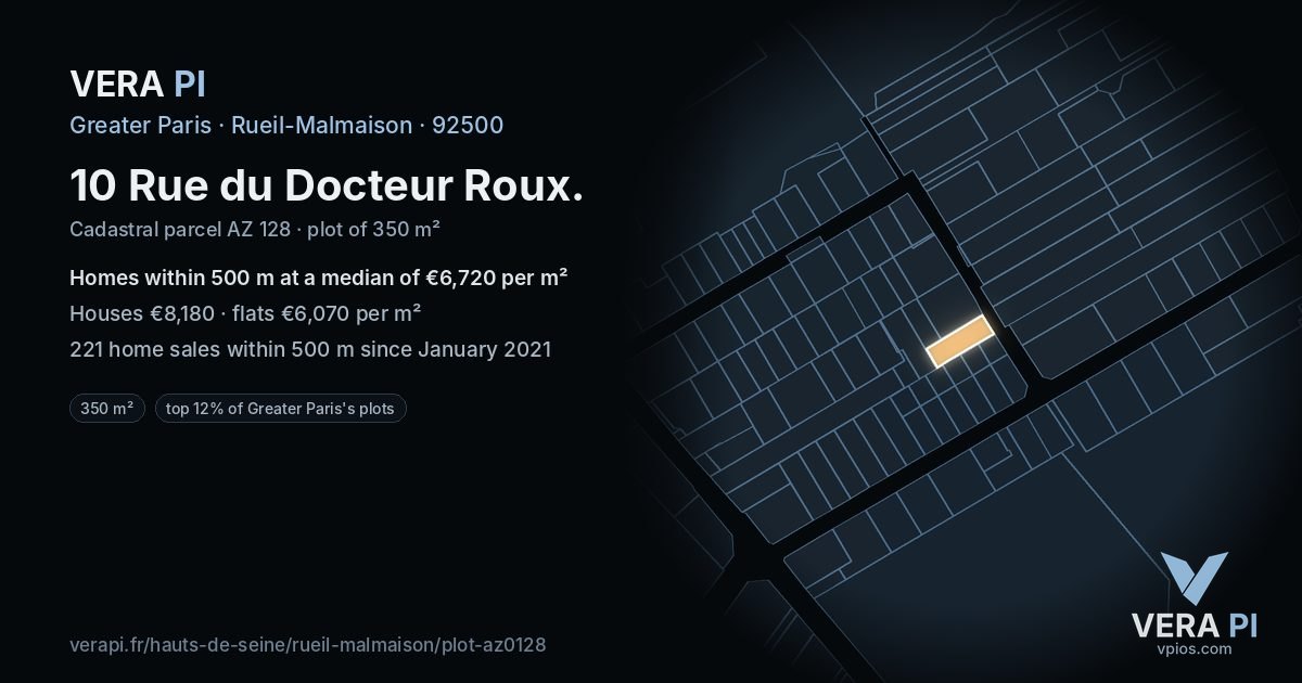 10 Rue du Docteur Roux, Rueil-Malmaison at night – the plot lit, the parcels around coloured by the prices near them