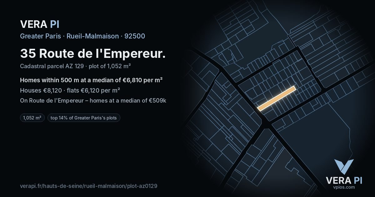 35 Route de l'Empereur, Rueil-Malmaison at night – the plot lit, the parcels around coloured by the prices near them
