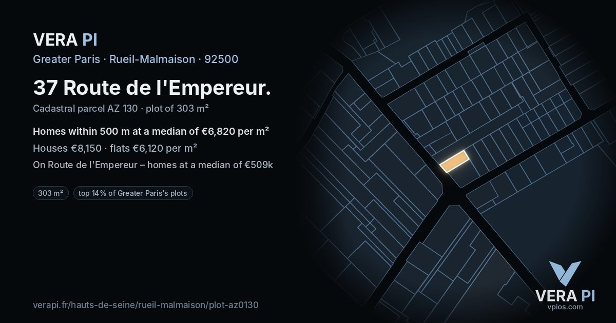 37 Route de l'Empereur, Rueil-Malmaison at night – the plot lit, the parcels around coloured by the prices near them
