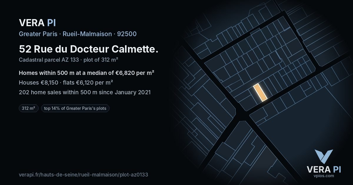 52 Rue du Docteur Calmette, Rueil-Malmaison at night – the plot lit, the parcels around coloured by the prices near them